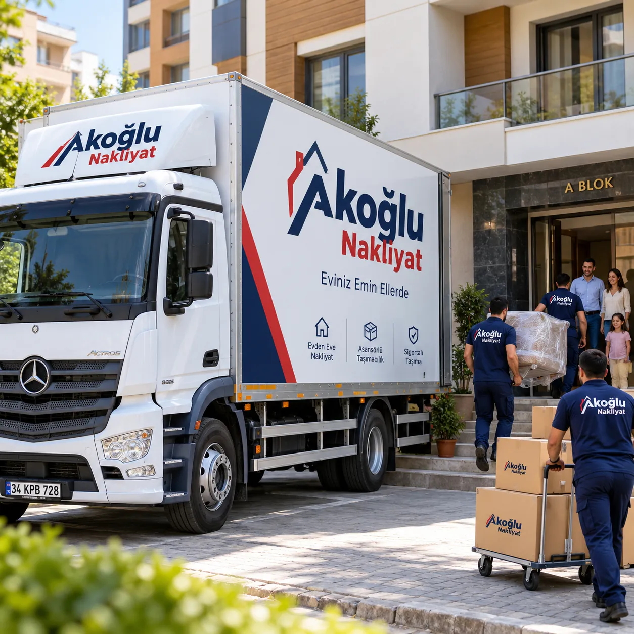 Apartman önünde Akoğlu Nakliyat aracı ve taşıma ekibi